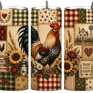 May include: A cylindrical tumbler with a metal straw featuring a patchwork design of roosters, sunflowers, wheat stalks, a farmhouse with a windmill, and red stars. The text Farm Sweet Farm is printed on a beige square patch with a small red heart.