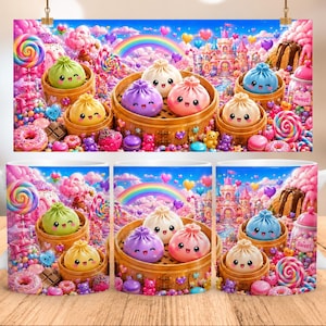 May include: A white ceramic mug featuring a colourful, whimsical illustration of smiling, anthropomorphic dumplings in bamboo steamers surrounded by candy, lollipops, doughnuts, and a pink castle under a rainbow sky, with a repeating pattern design.