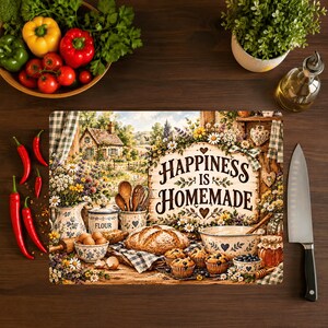 Puede incluir: Una tabla de cortar rectangular de vidrio con una escena de cocina rústica que incluye pan, muffins, un recipiente de harina y el texto "HAPPINESS IS HOMEMADE" rodeado de flores, sobre un fondo de madera oscura.