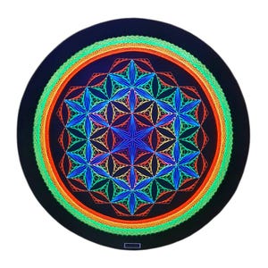 Puede incluir: Un objeto decorativo redondo y negro con un diseño geométrico vibrante. El patrón central es una disposición simétrica de formas azules, verdes y amarillas. El diseño está enmarcado por anillos concéntricos de color naranja, verde y amarillo.