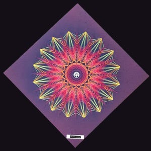 Può includere: Un'opera d'arte geometrica con fili, con un design simmetrico. L'opera presenta un motivo circolare centrale con un simbolo dell'albero della vita, circondato da linee radiali nei toni del rosso, giallo e arancione, su uno sfondo viola.