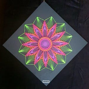 Puede incluir: Una pieza de arte geométrico con diseño floral vibrante. La obra presenta una flor central en tonos rosa y naranja, rodeada de formas geométricas verdes, todo sobre un fondo gris oscuro.