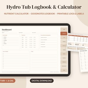 Puede incluir: Un libro de registro y calculadora digital Hydro Tub en una pantalla de tableta, con un panel para seguimiento de nutrientes, registros y etiquetas. La interfaz incluye pestañas de navegación y hojas imprimibles para gestión de plantas.