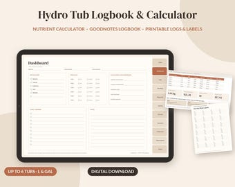 May include: A digital Hydro Tub Logbook & Calculator displayed on a tablet screen, featuring a dashboard with sections for nutrient tracking, logs, and labels. The interface includes tabs for navigation and printable sheets for plant management.