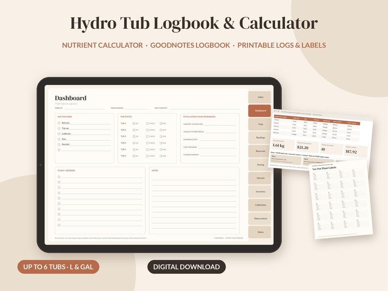 Pode incluir: Um di&aacute;rio e calculadora digital Hydro Tub exibido numa tela de tablet, com um painel para rastreamento de nutrientes, registros e etiquetas. A interface inclui abas de navega&ccedil;&atilde;o e folhas imprim&iacute;veis para gest&atilde;o de plantas.
