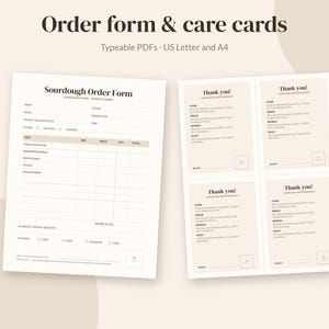 May include: A digital template set titled Order form & care cards, featuring a Sourdough Order Form with fields for customer details and items, alongside four Thank you! care cards with instructions for storing, freezing, and refreshing bread.