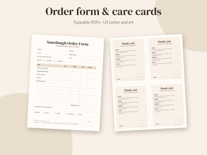 May include: A digital template set titled Order form & care cards, featuring a Sourdough Order Form with fields for customer details and items, alongside four Thank you! care cards with instructions for storing, freezing, and refreshing bread.