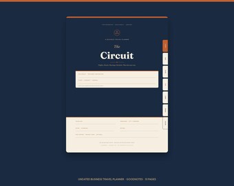 May include: A digital business travel planner titled The Circuit with a dark navy blue and cream color scheme. The layout features a top navigation bar, a central form area with fields for travel details, and a side tab menu for navigation.