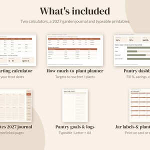May include: A digital garden planning set featuring a seed starting calculator, how-much-to-plant planner, pantry dashboard, 2027 journal, pantry goals and logs, and jar labels. The interface uses a neutral color palette with brown text.