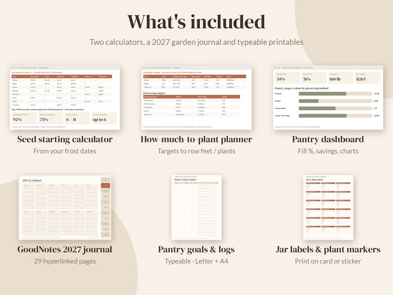 May include: A digital garden planning set featuring a seed starting calculator, how-much-to-plant planner, pantry dashboard, 2027 journal, pantry goals and logs, and jar labels. The interface uses a neutral color palette with brown text.