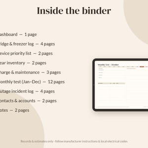 以下が含まれることがあります： Inside the binderというタイトルのデジタルプランナーインターフェース。Dashboard、Fridge & freezer log、Device priority list、Gear inventory、Charge & maintenance、Monthly test、Outage incident log、Contacts & accounts、Notesなどのページリストが表示されています。
