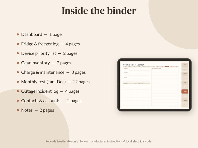 以下が含まれることがあります： Inside the binderというタイトルのデジタルプランナーインターフェース。Dashboard、Fridge & freezer log、Device priority list、Gear inventory、Charge & maintenance、Monthly test、Outage incident log、Contacts & accounts、Notesなどのページリストが表示されています。