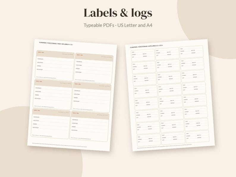 May include: Two digital sheets featuring printable labels and logs with the text Labels & logs and Typeable PDFs &middot; US Letter and A4. The left sheet contains six large rectangular labels, while the right sheet displays twenty-four smaller labels.
