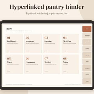 May include: A digital tablet displaying a hyperlinked pantry binder with an index page. The screen shows eight numbered sections including Dashboard, Inventory, Rotation, Meal Plan, Water, Emergency, Monthly, and Notes, with side navigation tabs.