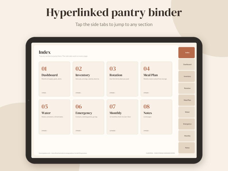May include: A digital tablet displaying a hyperlinked pantry binder with an index page. The screen shows eight numbered sections including Dashboard, Inventory, Rotation, Meal Plan, Water, Emergency, Monthly, and Notes, with side navigation tabs.