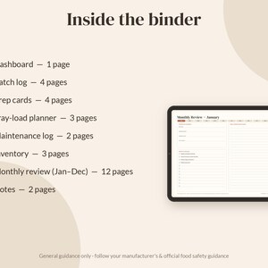 May include: A digital planner display titled Inside the binder, listing contents: Dashboard 1 page, Batch log 4 pages, Prep cards 4 pages, Tray-load planner 3 pages, Maintenance log 2 pages, Inventory 3 pages, Monthly review 12 pages, Notes 2 pages.