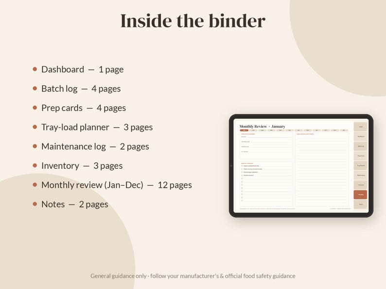 May include: A digital planner display titled Inside the binder, listing contents: Dashboard 1 page, Batch log 4 pages, Prep cards 4 pages, Tray-load planner 3 pages, Maintenance log 2 pages, Inventory 3 pages, Monthly review 12 pages, Notes 2 pages.