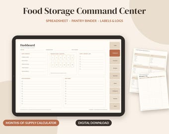 May include: A digital food storage command center displayed on a tablet screen, featuring a dashboard with sections for inventory, rotation, and meal plans. Beside the tablet are two printed pages showing inventory logs and supply tracking sheets.