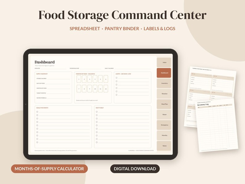 May include: A digital food storage command center displayed on a tablet screen, featuring a dashboard with sections for inventory, rotation, and meal plans. Beside the tablet are two printed pages showing inventory logs and supply tracking sheets.