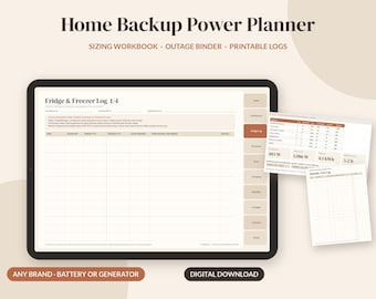 May include: A digital Home Backup Power Planner displayed on a tablet screen, featuring a Fridge & Freezer Log, sizing workbook, outage binder, and printable logs. The interface includes tabs for navigation and data entry fields for power management.