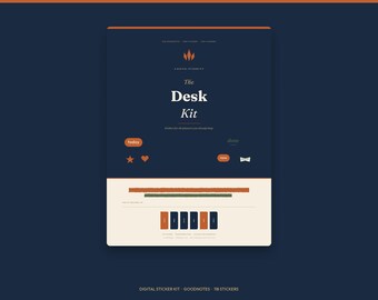 May include: A digital sticker kit titled The Desk Kit on a dark blue background. The design features orange and white text, small icons including a star, heart, and bow, and a bottom section with a cream background containing colored rectangular tabs.
