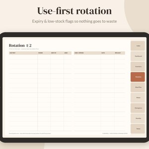 May include: A digital tablet displaying a food storage inventory planner with the text Use-first rotation and Expiry & low-stock flags so nothing goes to waste. The screen features a table with columns for item details and a side navigation menu.