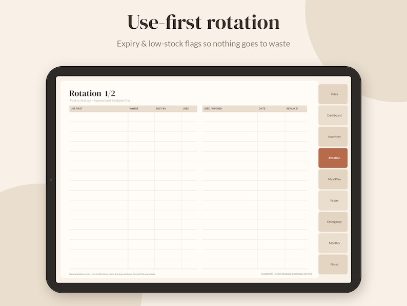 May include: A digital tablet displaying a food storage inventory planner with the text Use-first rotation and Expiry & low-stock flags so nothing goes to waste. The screen features a table with columns for item details and a side navigation menu.