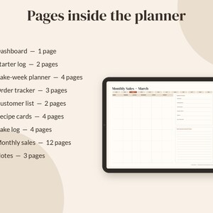 May include: A digital planner displayed on a tablet screen showing a Monthly Sales page for March. The text lists page counts for sections including Dashboard, Starter log, Bake-week planner, Order tracker, Customer list, Recipe cards, Bake log, Monthly sales, and Notes.