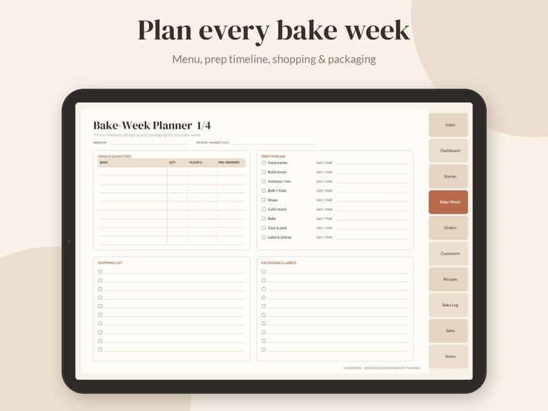 May include: A digital tablet displaying a Bake-Week Planner 1/4 template. The screen features sections for Mixes & Quantities, Prep Timeline, Shopping List, and Packaging & Labels, with a side navigation bar including tabs for Index, Dashboard, Starter, Bake Week, Orders, Customers, Recipes, Bake Log, Sales, and Notes.