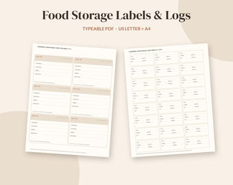 May include: Two digital sheets titled Food Storage Labels & Logs, Typeable PDF, US Letter + A4. The left sheet features six large rectangular labels with fields for contents, date, and quantity. The right sheet contains twenty-four smaller labels.