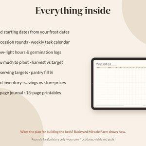May include: A digital planner displayed on a tablet screen showing a Pantry Goals spreadsheet. The text lists features including seed starting dates, succession rounds, grow-light hours, harvest targets, preserving goals, and inventory logs.