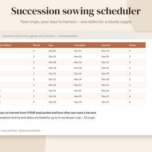Pode incluir: Uma tabela digital de agendamento de sementeira intitulada Succession sowing scheduler. O gr&aacute;fico lista culturas como alface, manjeric&atilde;o e pak choi com colunas para ronda, sementeira, transplante, colheita e plantas, com texto instrutivo.