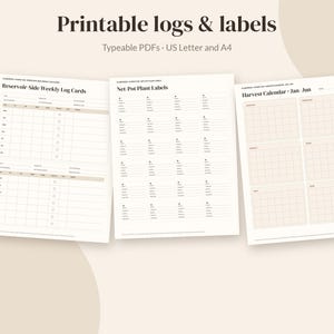 Pode incluir: Tr&ecirc;s p&aacute;ginas imprim&iacute;veis intituladas Printable logs & labels, Typeable PDFs, US Letter and A4. As folhas incluem Reservoir Side Weekly Log Cards, Net Pot Plant Labels e um Harvest Calendar de janeiro a junho com layouts de grade.