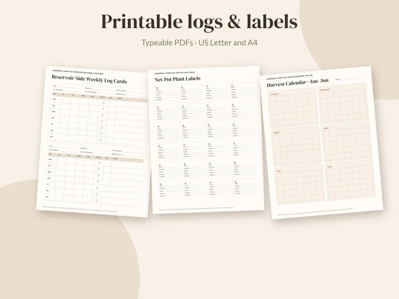 Pode incluir: Tr&ecirc;s p&aacute;ginas imprim&iacute;veis intituladas Printable logs & labels, Typeable PDFs, US Letter and A4. As folhas incluem Reservoir Side Weekly Log Cards, Net Pot Plant Labels e um Harvest Calendar de janeiro a junho com layouts de grade.