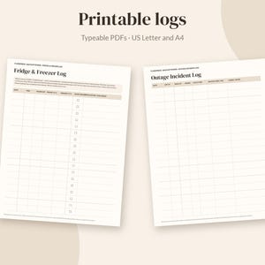 以下が含まれることがあります： Fridge & Freezer LogおよびOutage Incident Logと題された2枚の印刷可能なログシート。これらの入力可能なPDFドキュメントは、USレターおよびA4用紙サイズでフォーマットされており、家庭の在庫や状況を追跡するための整理された列と行を備えています。