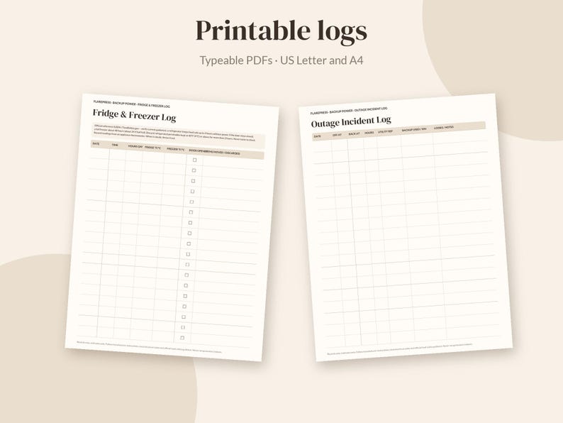 以下が含まれることがあります： Fridge & Freezer LogおよびOutage Incident Logと題された2枚の印刷可能なログシート。これらの入力可能なPDFドキュメントは、USレターおよびA4用紙サイズでフォーマットされており、家庭の在庫や状況を追跡するための整理された列と行を備えています。