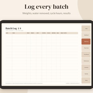 May include: A digital tablet displaying a Batch Log 1/4 template with columns for date, food, trays, fresh, dry, water, cycle hours, servings, bags, and notes. The interface includes a sidebar with navigation tabs for index, dashboard, batch log, tray planner, maintenance, inventory, monthly, and notes.