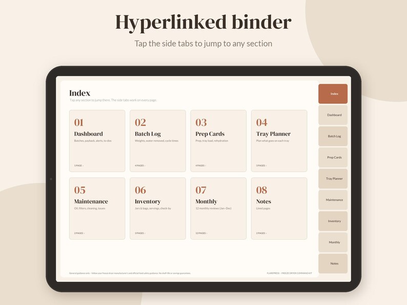 May include: A digital hyperlinked binder displayed on a tablet screen. The index page features eight numbered sections: Dashboard, Batch Log, Prep Cards, Tray Planner, Maintenance, Inventory, Monthly, and Notes, with navigation tabs on the right.