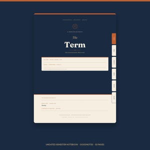 Pode incluir: Uma página de caderno digital com fundo azul escuro e seção inferior na cor creme. O texto diz The Term, com abas no lado direito rotuladas como Home, Term, Lesson, Notes, Study e Notes. Inclui campos para a data e o dia.