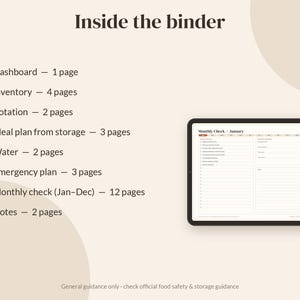 May include: A digital planner titled Inside the binder, listing sections: Dashboard 1 page, Inventory 4 pages, Rotation 2 pages, Meal plan from storage 3 pages, Water 2 pages, Emergency plan 3 pages, Monthly check 12 pages, Notes 2 pages.
