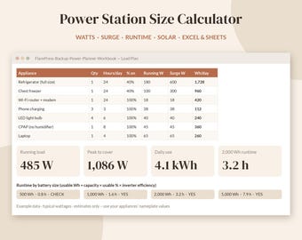 May include: A digital Power Station Size Calculator spreadsheet interface featuring a load plan table for appliances, running load of 485 W, peak to cover of 1,086 W, daily use of 4.1 kWh, and a 2,000 Wh runtime of 3.2 h with battery size calculations.