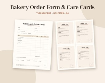 May include: A digital bakery order form and care cards set featuring the text Bakery Order Form & Care Cards, Typeable PDF, US Letter + A4, Sourdough Order Form, and Thank you! on a light beige background with dark brown text.