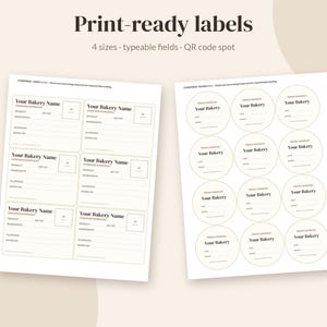May include: Two sheets of printable bakery labels with black text on white paper. The left sheet features six rectangular labels with fields for bakery name, product, ingredients, allergens, and baked on date. The right sheet contains twelve circular labels.