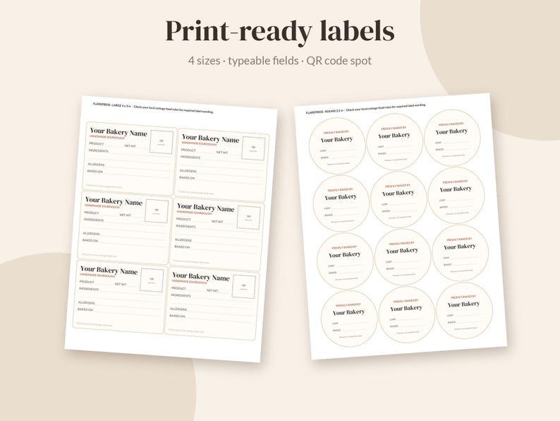 May include: Two sheets of printable bakery labels with black text on white paper. The left sheet features six rectangular labels with fields for bakery name, product, ingredients, allergens, and baked on date. The right sheet contains twelve circular labels.