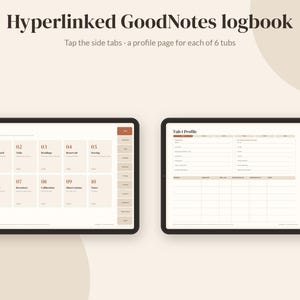 Pode incluir: Um di&aacute;rio digital para GoodNotes exibido em dois tablets. A tela esquerda mostra um &iacute;ndice com dez se&ccedil;&otilde;es numeradas. A tela direita exibe uma p&aacute;gina de perfil para Tub 1 com campos de entrada de dados e abas de navega&ccedil;&atilde;o laterais.