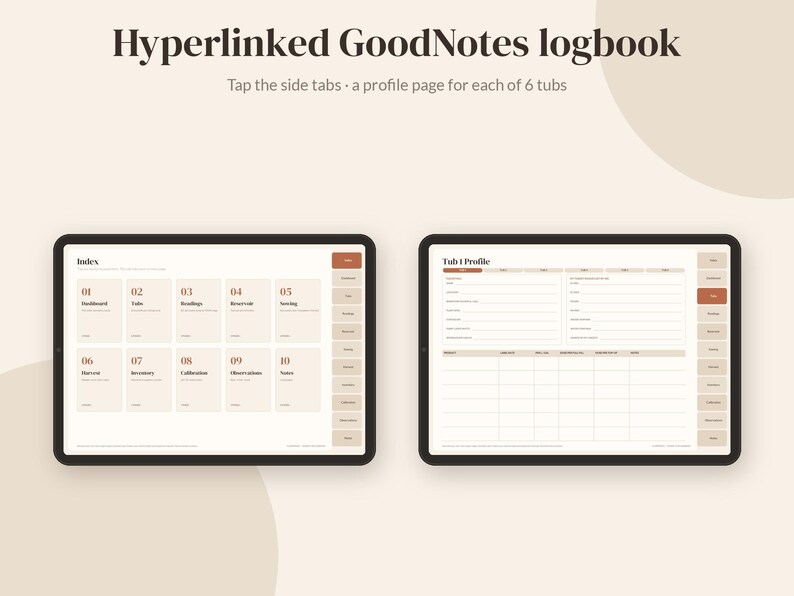 Pode incluir: Um di&aacute;rio digital para GoodNotes exibido em dois tablets. A tela esquerda mostra um &iacute;ndice com dez se&ccedil;&otilde;es numeradas. A tela direita exibe uma p&aacute;gina de perfil para Tub 1 com campos de entrada de dados e abas de navega&ccedil;&atilde;o laterais.