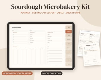 May include: A Sourdough Microbakery Kit digital download featuring a tablet displaying a dashboard planner with sections for goals, tasks, and schedules, alongside printable order forms and labels in a neutral color palette.