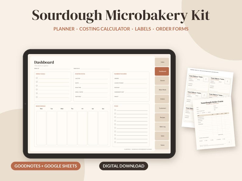 May include: A Sourdough Microbakery Kit digital download featuring a tablet displaying a dashboard planner with sections for goals, tasks, and schedules, alongside printable order forms and labels in a neutral color palette.