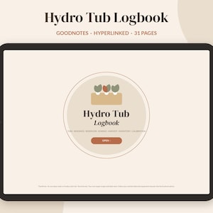 Puede incluir: Una tableta digital que muestra una interfaz de diario de registro Hydro Tub. La pantalla presenta un círculo central con un icono de planta, el texto Hydro Tub Logbook, categorías como Tubs, Readings, Reservoir, Sowing, Harvest, Inventory, Calibration y un botón Open.