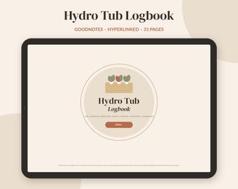 May include: A digital tablet displaying a Hydro Tub Logbook interface. The screen features a central circle with a plant icon, the text Hydro Tub Logbook, categories including Tubs, Readings, Reservoir, Sowing, Harvest, Inventory, Calibration, and an Open button.
